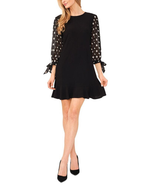 Women's Long Sleeve Mixed-Media Tie-Sleeve Dress