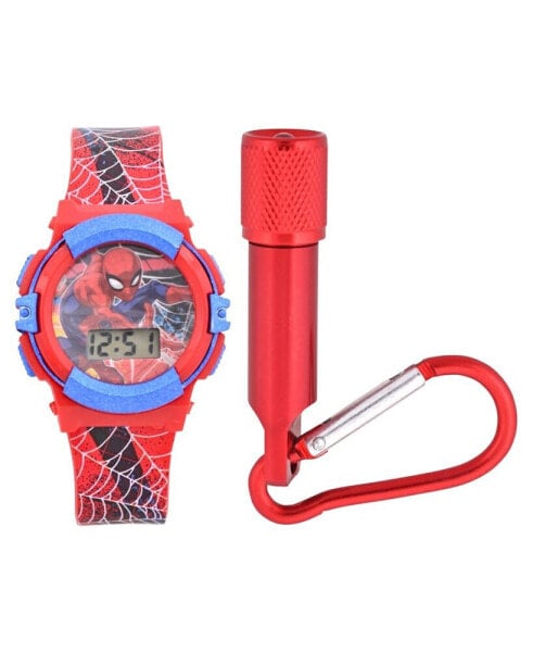 Kids Marvel Spiderman Red Silicone Strap Watch and Flashlight 39mm Set