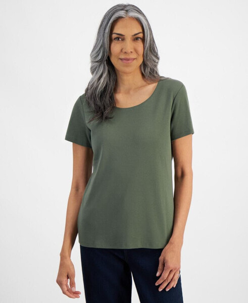 Petite Cotton Scoop-Neck Short-Sleeve Top, Created for Macy's