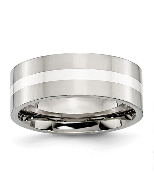 Stainless Steel Sterling Silver Inlay 8mm Flat Band Ring