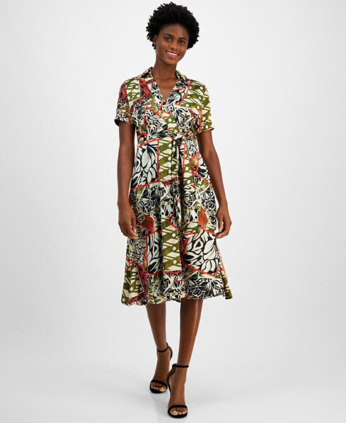 Women's Printed Collared Tie-Waist Dress