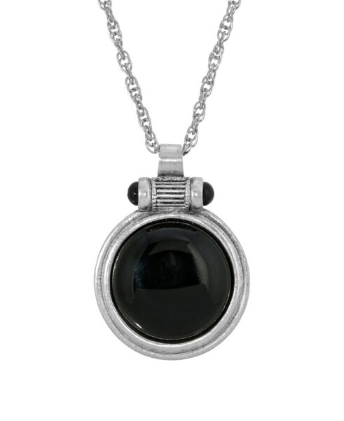 Silver-Tone Onyx Round Pendant Necklace