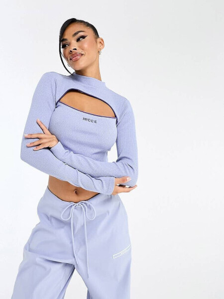 Nicce alia cropped cut out long sleeve roll neck top in light blue