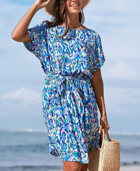 Women's Abstract Print Belted Mini Beach Dress