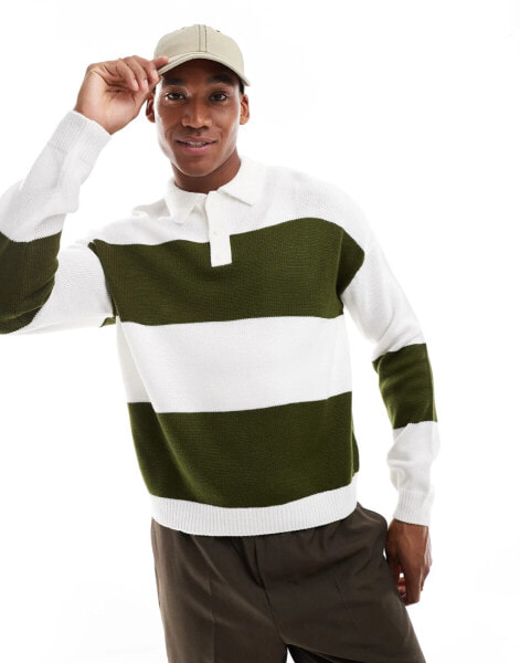 ASOS DESIGN knitted boxy relaxed fit rugby striped jumper in khaki and white