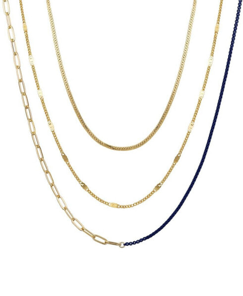 14k Gold Flash Plated White Enamel Paperclip Herringbone Chain Layered Necklaces, 3 Piece Set