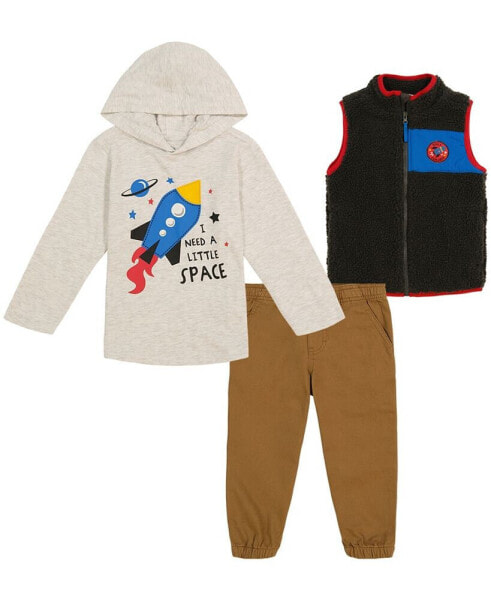 Toddler Boys Hooded T-shirt, Contrast Trim Berber Vest and Twill Joggers, 3 Piece Set