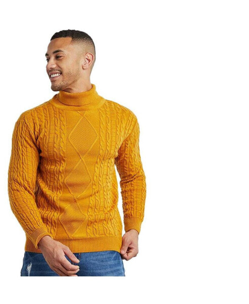 Men's Mustard Yellow Relaxed Cable-Knit Pullover Sweater