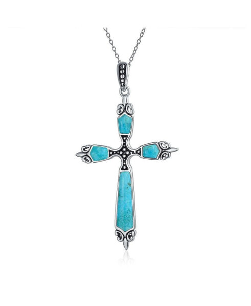 Bling Jewelry western Style Spiritual Religious Blue Turquoise Gemstone Fleur De Lis Cross Pendant Necklace For Women Oxidized .925 Sterling Silver