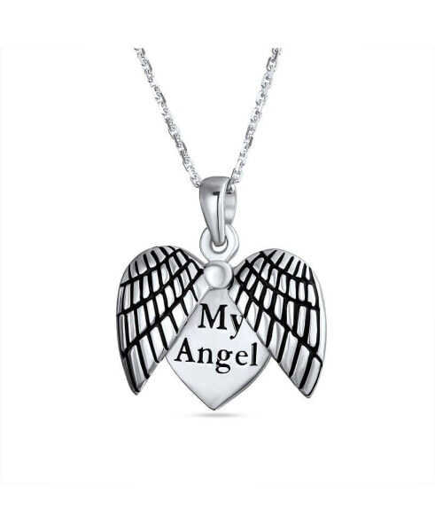 Engraved Saying MY ANGEL Feather Wing Heart Shape Locket Necklace Pendant For Daughter For Women .925 Sterling Silver