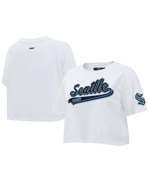 Women's White Seattle Kraken Boxy Script Tail Cropped T-Shirt