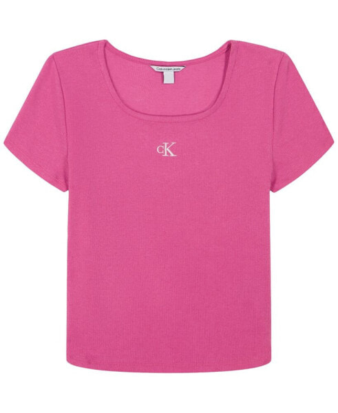 Big Girls Square-Neck Embroidered-Logo Ribbed Baby T-Shirt