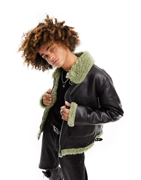 ASOS DESIGN faux leather aviator jacket with green contrast shearling collar