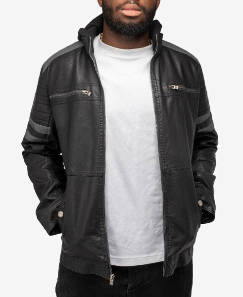 Men's Grainy Polyurethane Leather Hooded Jacket with Faux Shearling Lining