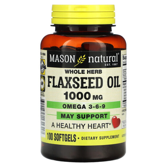 БАД Омега-3 Льняное масло цельное растение, 1000 мг, 100 капсул Mason Natural