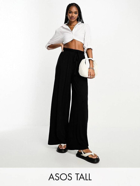 ASOS DESIGN Tall tie belt wide leg trouser in black