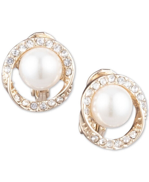 Gold-Tone Pavé & Imitation Pearl Halo E-Z Comfort Clip-On Button Earrings