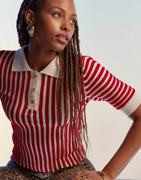 Mango stripe knitted polo in red and white