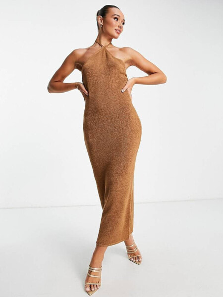 Pretty Lavish high neck backless midaxi dress in brown