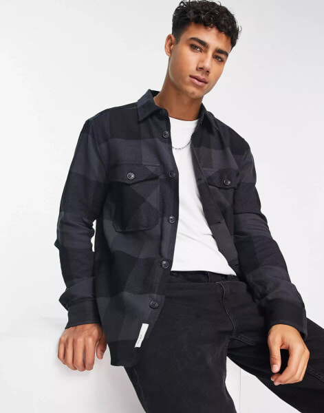 ONLY & SONS check overshirt with chest pockets in navy