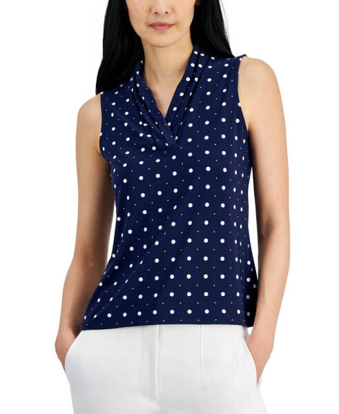 Women's Pleated-Neck Printed Sleeveless Top