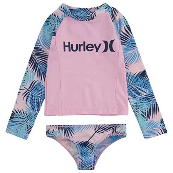 Рашгард для девочки HURLEY Set 384426 с длинным рукавом, полная молния, 2-х предметный набор, со 50+ UPF, разворотными плавками, разворотным дном, логотипом на переднем и заднем центре и на левом бедре.