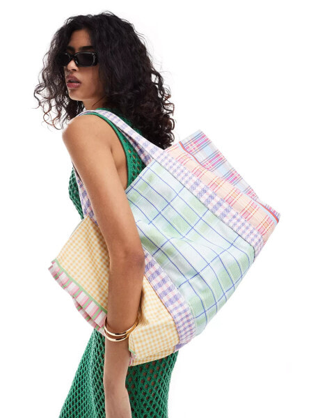 Mango large mixed check shopper bag in multi