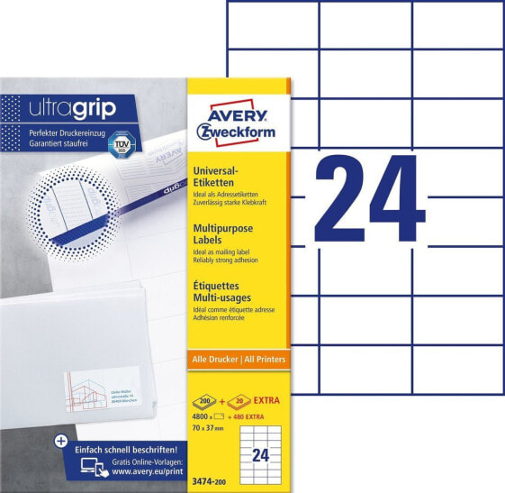 Avery Zweckform 3474-200 - White - Rectangle - Permanent - 70 x 37 mm - DIN A4 - Paper