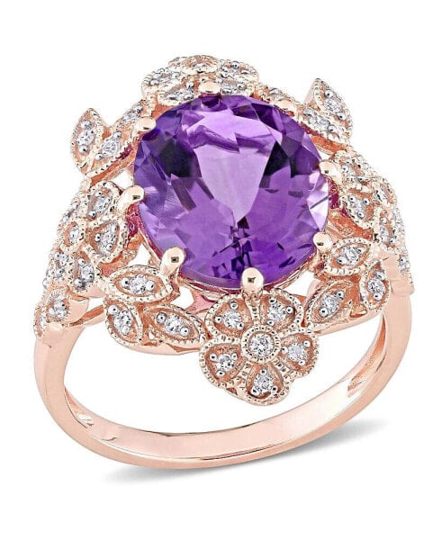 Amethyst (4 ct. t.w.) and Diamond (1/4 ct. t.w.) Floral Vintage Cocktail Ring in 14k Rose Gold