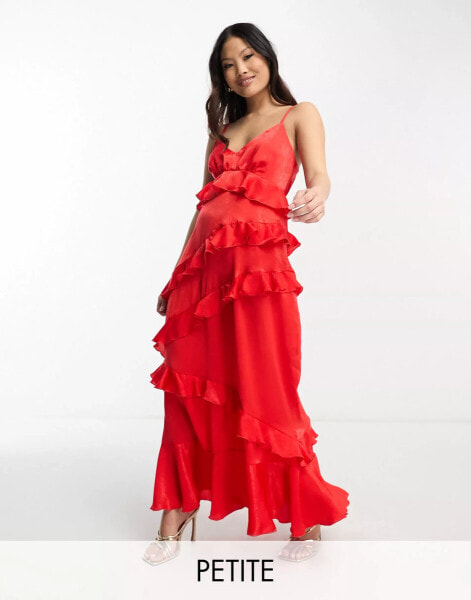 Flounce London Petite – Maxikleid in Rot mit durchgehendem Rüschenbesatz und Camisole-Trägern