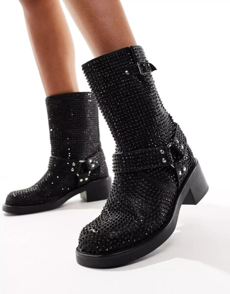 Azalea Wang Charity embellished biker boot in Black