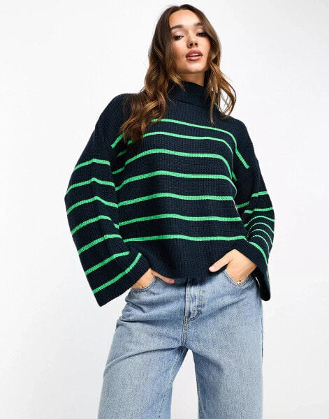 Vila roll neck jumper with side splits in navy and green stripe