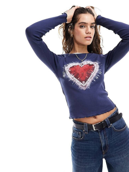 Miss Selfridge heart graphic tee with long sleeve in navy