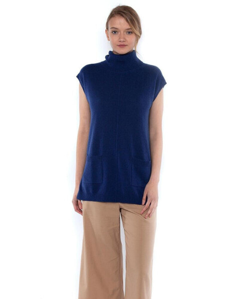 Women's 100% Pure Cashmere Sleeveless Turtleneck Hi-Lo Tunic Sweater