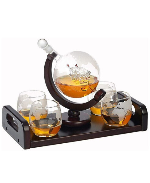 Globe Whisky Decanter Gift Set with Glasses and Tray, 6 Pieces