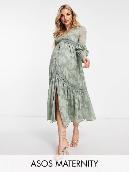 ASOS DESIGN Maternity button through midi shirt dress with lace inserts in burnout in khaki 