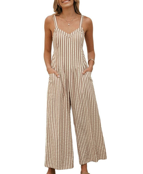 Women's Striped Sleeveless V-Neck Wide Leg Jumpsuit