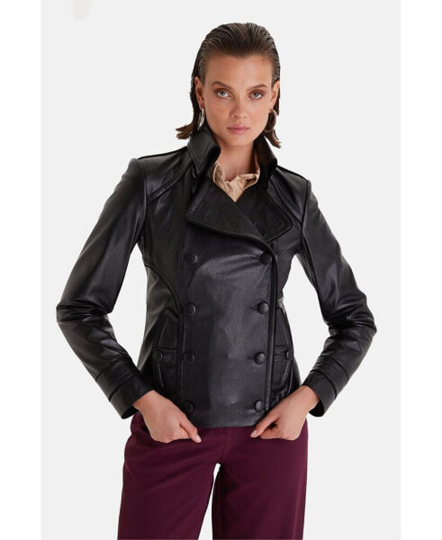 Women Fashions Leather Jacket, Cracked Aging, Black