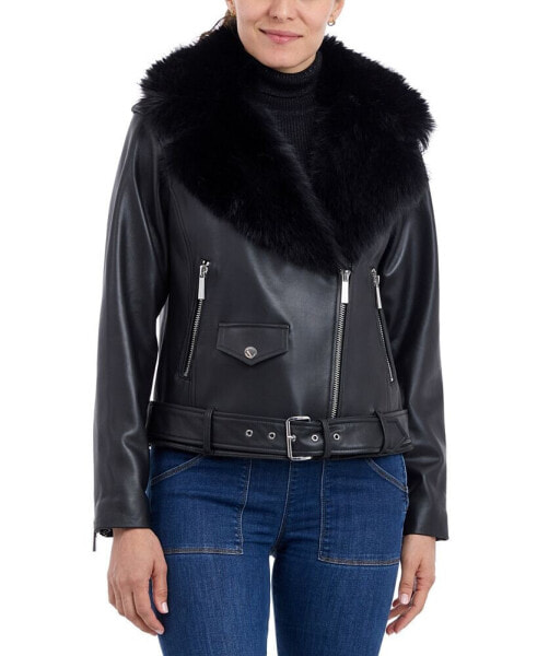 Petite Faux-Fur-Collar Leather Moto Coat