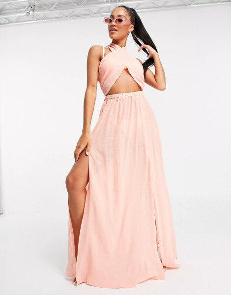 ASOS DESIGN cross neck halter beach dress in apricot