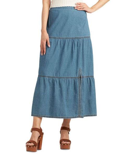 Juniors' Cotton Washed Tiered Midi Denim Skirt