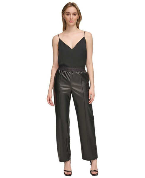 Women's Logo-Waist Faux Leather Pull-On Pants