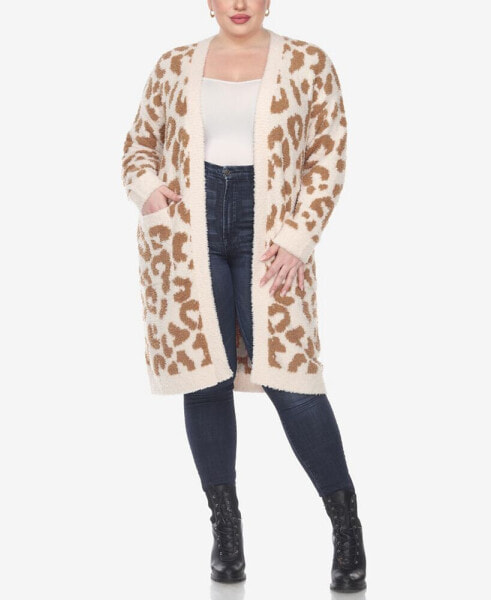 Plus Size Leopard Print Open Front Sherpa Sweater