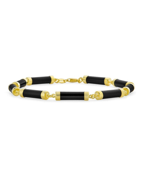 Asian Style Black Natural Onyx Strand Tube Bar Link Bracelet For Women Gold Plated Sterling Silver 7.5 Inch