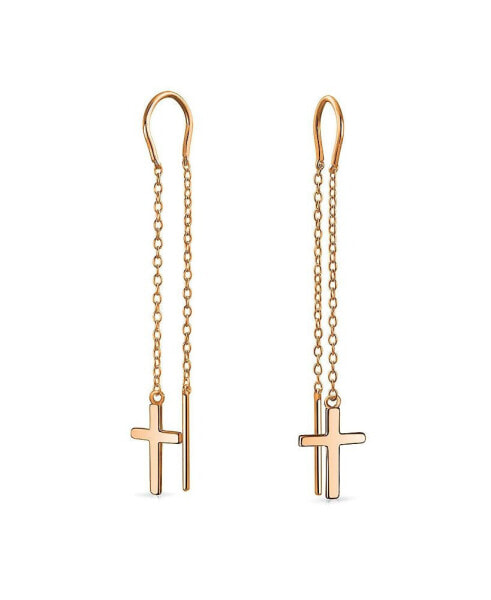 Light Weight Long Religious Chain Dangle Spiritual Religious Cross Threader Earrings Rose Gold Plated Sterling Silver Stabilizing U Wire Hook SM