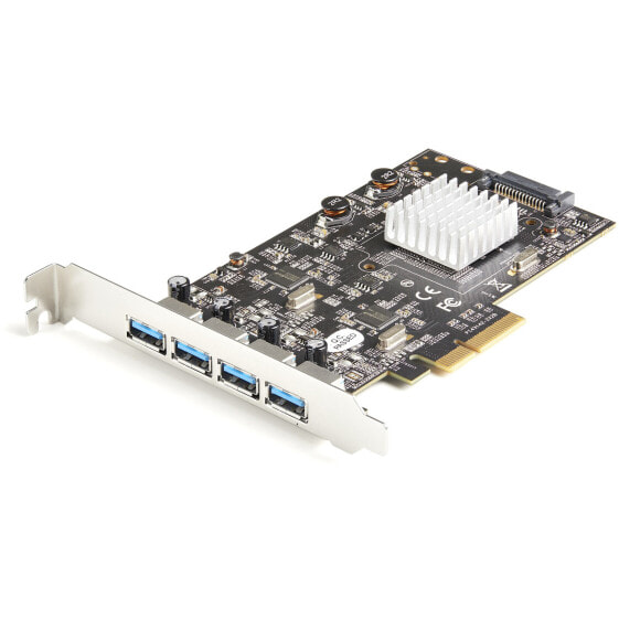 StarTech.com 4-Port USB PCIe Card - 10Gbps USB 3.1/3.2 Gen 2 Type-A PCI Express Expansion Card with 2 Controllers - 4x USB-A - USB PCIe Add-On Adapter Card - Windows/Mac/Linux - PCIe - USB 3.2 Gen 2 (3.1 Gen 2) - PCIe 3.0 - SATA 15-pin - Black - Metallic - 40000 h