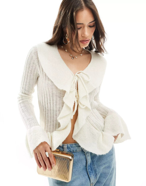 YAS frill detail tie front cardigan in cream - CREAM