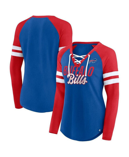 Women's Royal, Red Buffalo Bills True to Form Raglan Lace-Up V-Neck Long Sleeve T-shirt