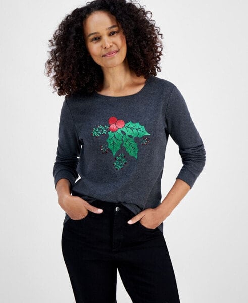 Women's Holly Leaf Long-Sleeve Top, Created for Macy's