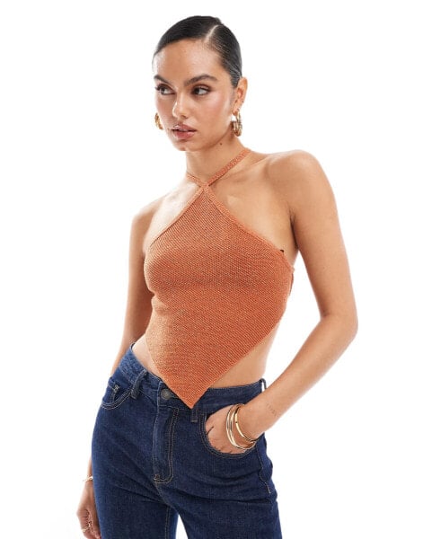 Edited open back lace up crochet look top in rust metallic